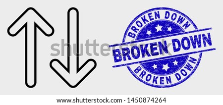 Vector contour vertical exchange arrows pictogram and Broken Down stamp. Blue round textured seal stamp with Broken Down message. Black isolated vertical exchange arrows pictogram in contour style.