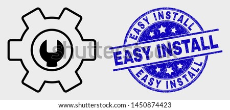 Vector outline repair options pictogram and Easy Install seal stamp. Blue rounded scratched seal with Easy Install title. Black isolated repair options pictogram in outline style.