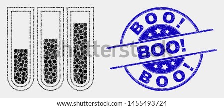 Dot test-tubes mosaic pictogram and Boo! seal stamp. Blue vector round grunge stamp with Boo! title. Vector collage in flat style. Black isolated test-tubes mosaic of random spheres,