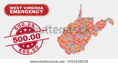 Vector collage of wildfire West Virginia State map and red round textured 500.00 watermark. Emergency West Virginia State map mosaic of fire, power shock symbols. Vector collage for guard services,