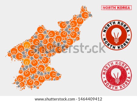 Illumination lamp mosaic North Korea map and rubber rounded stamp seals. Mosaic vector North Korea map is designed with illumination lamp items. Abstraction for power supply services.