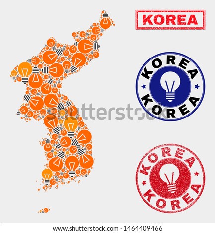 Electric lamp mosaic Korea map and rubber round seals. Mosaic vector Korea map is designed with idea lamp icons. Abstraction for patent business. Orange and red colors used.