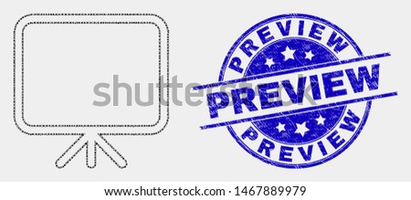 Pixel banner board mosaic pictogram and Preview watermark. Blue vector rounded scratched seal stamp with Preview phrase. Vector combination in flat style.