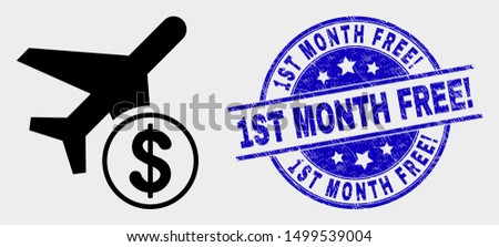 Vector airplane price pictogram and 1St Month Free! stamp. Red round grunge seal stamp with 1St Month Free! caption. Vector composition in flat style. Black isolated airplane price pictogram.