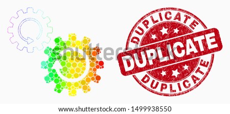 Pixel rainbow gradiented gears rotation mosaic pictogram and Duplicate watermark. Red vector rounded distress seal stamp with Duplicate phrase. Vector collage in flat style.