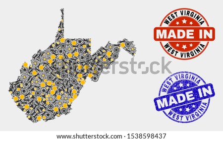 Mosaic industrial West Virginia State map and blue Made In textured stamp. Vector geographic abstraction model for workshop, or patriotic illustrations.