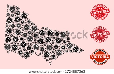 Outbreak composition of covid-2019 mosaic Australian Victoria map and dirty seals. Vector red imprints with unclean rubber texture and Outbreak Warning caption.