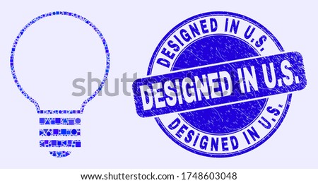 Geometric electric bulb mosaic pictogram and Designed in U.S. seal stamp. Blue vector round textured stamp with Designed in U.S. text. Abstract mosaic of electric bulb created of circle, tringle,