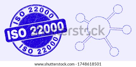 Geometric node links mosaic icon and ISO 22000 seal. Blue vector round scratched seal stamp with ISO 22000 title. Abstract mosaic of node links designed of spheric, triangles, square geometric spots.