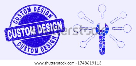 Geometric wrench links mosaic icon and Custom Design seal stamp. Blue vector rounded scratched seal stamp with Custom Design title. Abstract mosaic of wrench links organized of spheric, tringle,