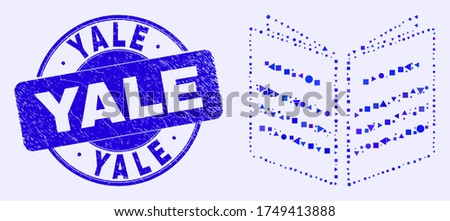 Geometric open book mosaic pictogram and Yale seal stamp. Blue vector round textured seal stamp with Yale phrase. Abstract collage of open book combined of sphere, triangles, square geometric spots.