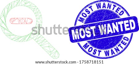 Web mesh reduce scale icon and Most Wanted seal stamp. Blue vector rounded distress seal stamp with Most Wanted text. Abstract carcass mesh polygonal model created from reduce scale icon.
