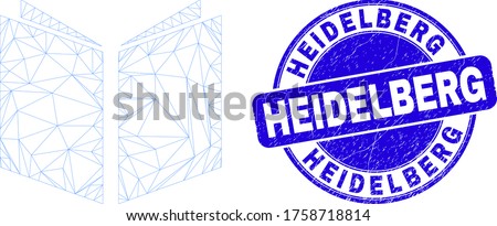 Web carcass open book icon and Heidelberg seal stamp. Blue vector round distress stamp with Heidelberg text. Abstract carcass mesh polygonal model created from open book icon.