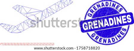 Web mesh airplane departure icon and Grenadines seal stamp. Blue vector round scratched seal with Grenadines title. Abstract carcass mesh polygonal model created from airplane departure icon.