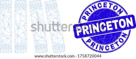 Web carcass books icon and Princeton stamp. Blue vector round scratched seal stamp with Princeton text. Abstract frame mesh polygonal model created from books icon.