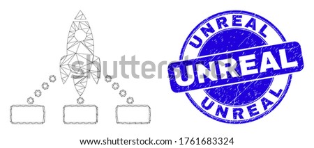 Web mesh rocket links icon and Unreal seal stamp. Blue vector round grunge stamp with Unreal caption. Abstract mesh polygonal model created from rocket links icon.