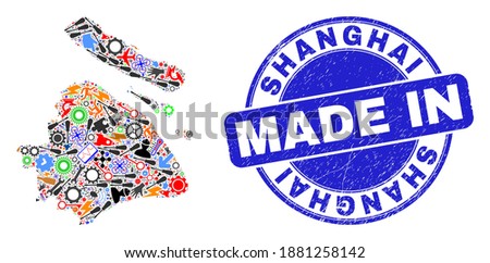 Engineering Shanghai City map mosaic and MADE IN distress stamp seal. Shanghai City map composition composed with spanners,wheel,screwdrivers,components,cars, electric strikes,rockets.