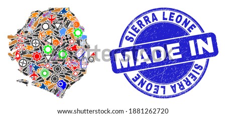 Industrial Sierra Leone map mosaic and MADE IN distress watermark. Sierra Leone map mosaic formed with wrenches,cogs, tools,,keys,transports, electric bolts,details.