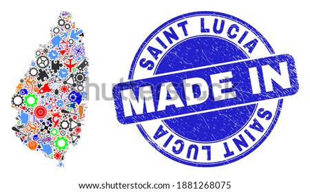 Development mosaic Saint Lucia Island map and MADE IN textured stamp seal. Saint Lucia Island map collage created with spanners,cogs,screwdrivers,items,transports,electricity strikes,details.