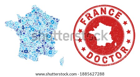 Vector collage France map with vaccine icons, receipt symbols, and grunge healthcare rubber imitation. Red round watermark with grunge rubber texture and France map word and map.