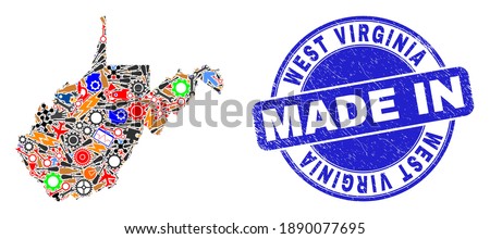 Production mosaic West Virginia State map and MADE IN scratched stamp seal. West Virginia State map mosaic designed from wrenches,cogs,instruments,elements,cars,power bolts,bugs.