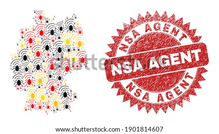 Germany map mosaic in Germany flag official colors - red, yellow, black, and dirty NSA Agent red rosette stamp print. Vector radio bug pictograms are grouped into mosaic Germany map collage.