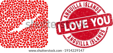 Vector collage Anguilla Islands map of valentine heart elements and grunge love seal. Collage geographic Anguilla Islands map constructed as carved shape from rounded square shape with lovely hearts.