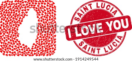 Vector mosaic Saint Lucia Island map of lovely heart elements and grunge love stamp. Mosaic geographic Saint Lucia Island map designed as carved shape from rounded square with lovely hearts.
