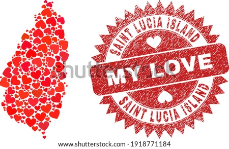 Vector collage Saint Lucia Island map of valentine heart elements and grunge My Love seal stamp. Collage geographic Saint Lucia Island map constructed with valentine hearts.