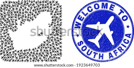 Vector collage South African Republic map of air plane elements and grunge Welcome seal stamp. Collage geographic South African Republic map created as stencil from rounded square shape with airports.