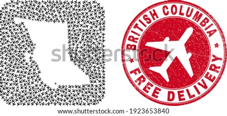 Vector mosaic British Columbia map of air force elements and grunge Free Delivery badge.