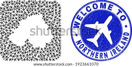 Vector collage Northern Ireland map of air shipping elements and grunge Welcome seal stamp.