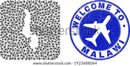Vector mosaic Malawi map of air vehicle elements and grunge Welcome badge. Mosaic geographic Malawi map designed as subtraction from rounded square with air tourism.