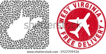 Vector collage West Virginia State map of air force elements and grunge Free Delivery seal stamp.