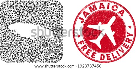 Vector collage Jamaica map of air plane elements and grunge Free Delivery seal stamp. Collage geographic Jamaica map designed as carved shape from rounded square with flying away aviation items.