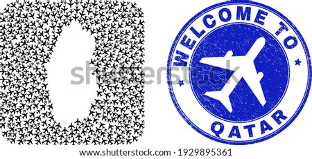 Vector mosaic Qatar map of airline items and grunge Welcome seal. Mosaic geographic Qatar map constructed as carved shape from rounded square shape with air tourism.