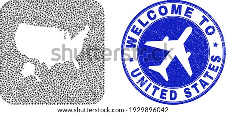 Vector mosaic USA with Alaska map of air plane elements and grunge Welcome seal stamp. Mosaic geographic USA with Alaska map created as carved shape from rounded square shape with air planes.