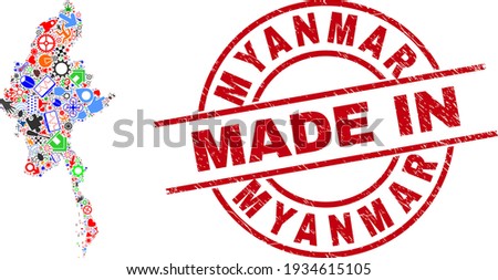 Science Myanmar map mosaic and MADE IN grunge stamp seal. Myanmar map mosaic formed with spanners, gear wheels, screwdrivers, aircrafts, vehicles, power bolts, helmets.