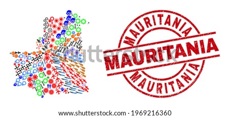 Mauritania map mosaic and distress Mauritania red circle seal. Mauritania seal uses vector lines and arcs. Mauritania map collage contains markers, houses, screwdrivers, bugs, stars,