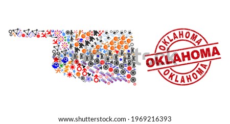 Oklahoma State map collage and scratched Oklahoma red circle badge. Oklahoma badge uses vector lines and arcs. Oklahoma State map collage includes markers, houses, lamps, suns, stars,