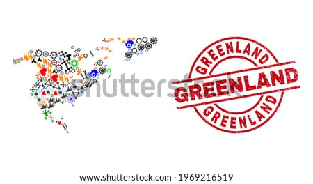 North America and Greenland map collage and Greenland red round stamp. Greenland stamp uses vector lines and arcs. North America and Greenland map mosaic contains helmets, houses, lamps, bugs, people,