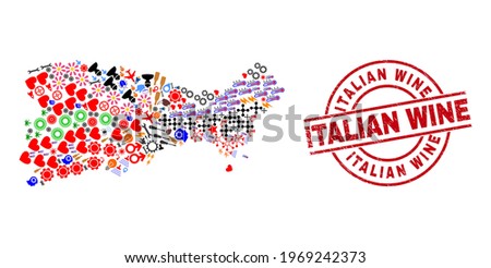 Capri Island map collage and distress Italian Wine red round stamp seal. Italian Wine seal uses vector lines and arcs. Capri Island map collage contains gears, houses, wrenches, suns, men,
