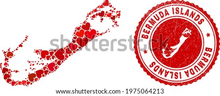 Collage Bermuda Islands map formed with red love hearts, and grunge seal stamp. Vector lovely round red rubber seal stamp imitation with Bermuda Islands map inside.