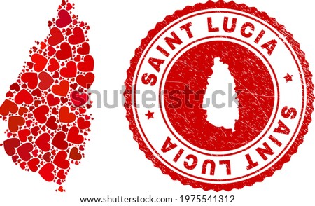 Collage Saint Lucia Island map designed with red love hearts, and rubber badge. Vector lovely round red rubber badge imitation with Saint Lucia Island map inside.