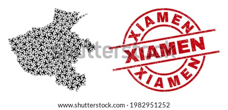 Xiamen rubber badge, and Henan Province map mosaic of air plane items. Collage Henan Province map created of air force symbols. Red badge with Xiamen tag, and grunge rubber texture.