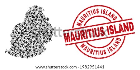 Mauritius Island rubber stamp, and Mauritius Island map collage of airplane elements. Collage Mauritius Island map created using airplanes. Red stamp with Mauritius Island word,