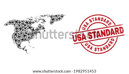 USA Standard grunged seal, and North America and Greenland map mosaic of jet vehicle items. Mosaic North America and Greenland map created of airliners. Red watermark with USA Standard tag,