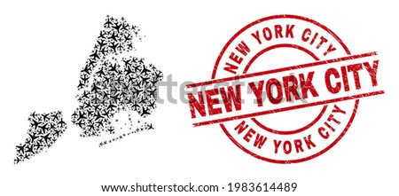 New York City textured seal, and New York City map mosaic of jet vehicle elements. Mosaic New York City map designed with jet vehicles. Red watermark with New York City text,