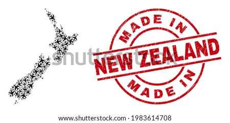 Made In New Zealand scratched badge, and New Zealand map collage of air force elements. Collage New Zealand map designed of air force symbols. Red seal with Made In New Zealand text,