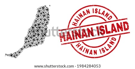 Hainan Island distress seal stamp, and Fuerteventura Island map collage of aircraft items. Collage Fuerteventura Island map created of aeroplanes. Red stamp with Hainan Island tag,